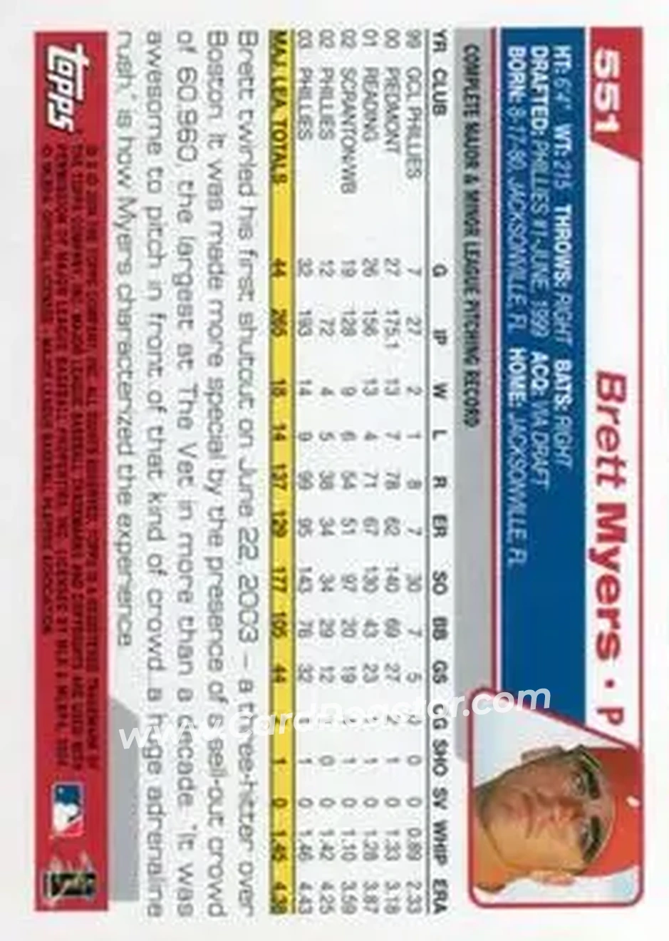 2004 Topps #551 - Brett Myers - Philadelphia Phillies - Back