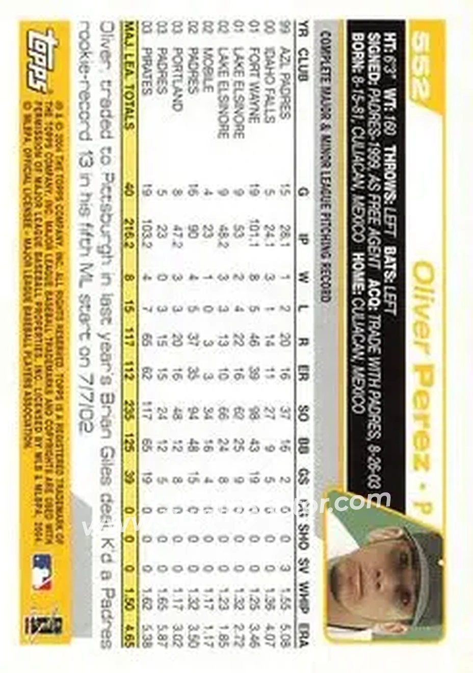 2004 Topps #552 - Oliver Perez - Pittsburgh Pirates - Back 2004 Topps #552 - Oliver Perez - Pittsburgh Pirates - Back