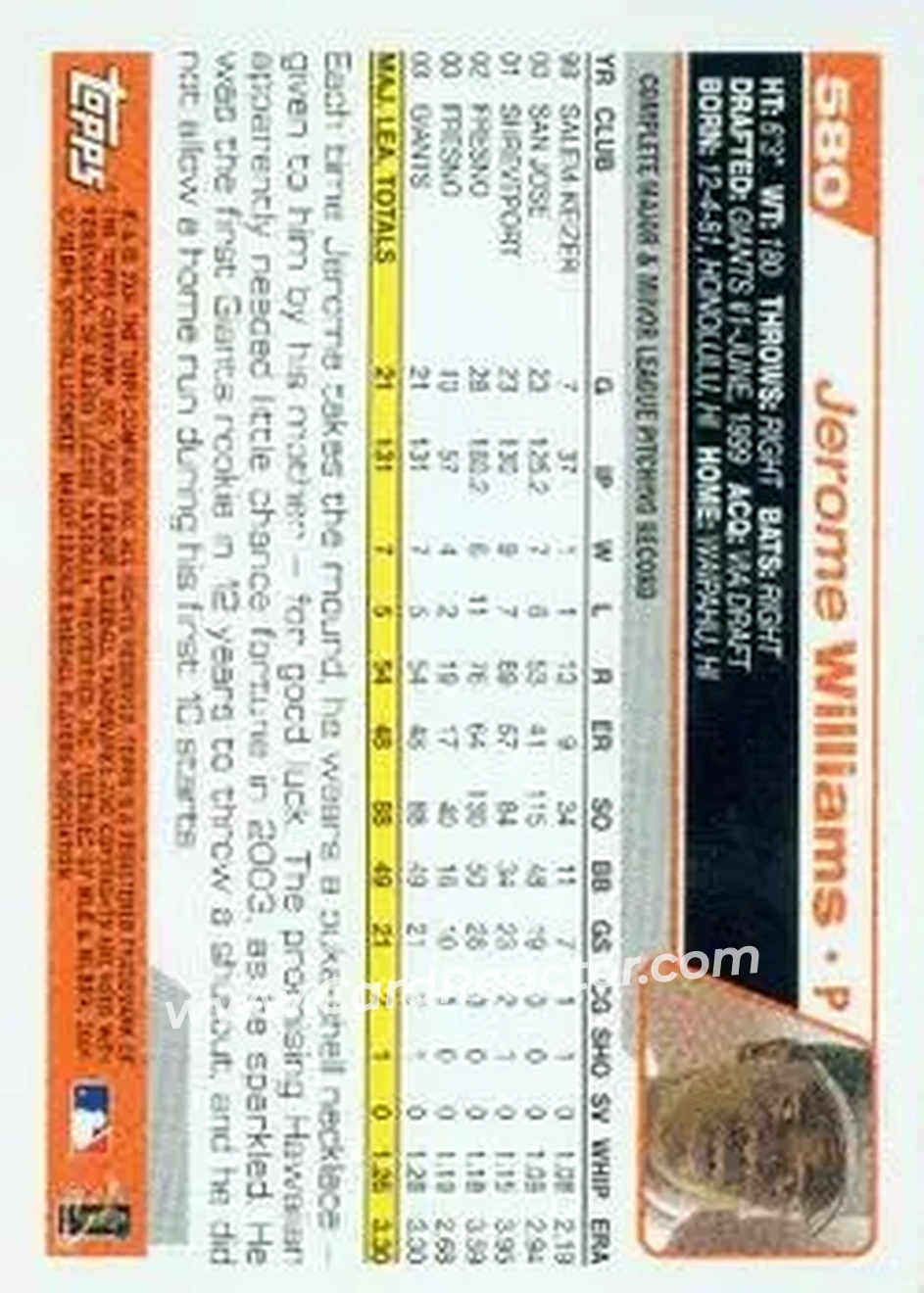 2004 Topps #580 - Jerome Williams - San Francisco Giants - Back
