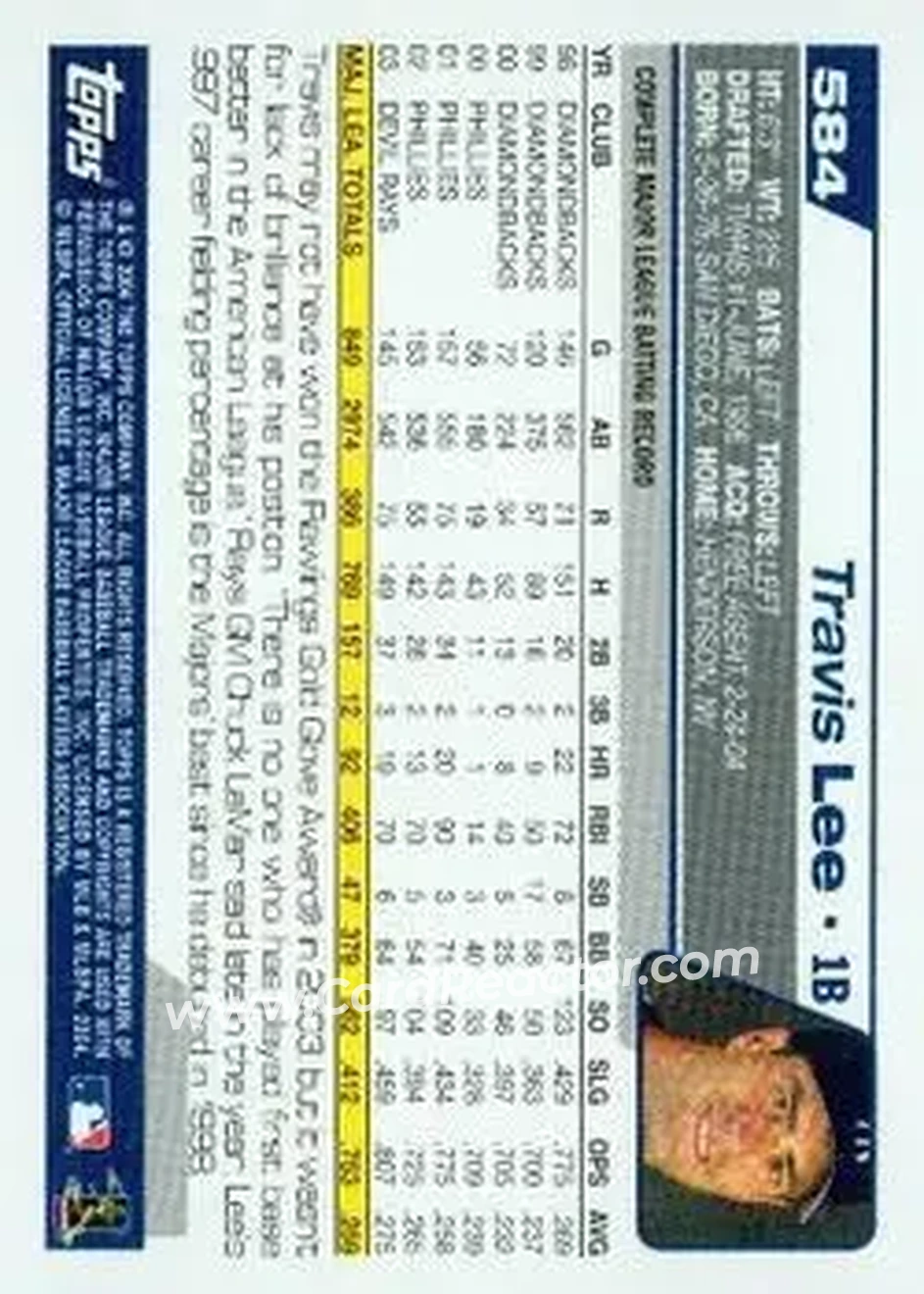 2004 Topps #584 - Travis Lee - New York Yankees - Back