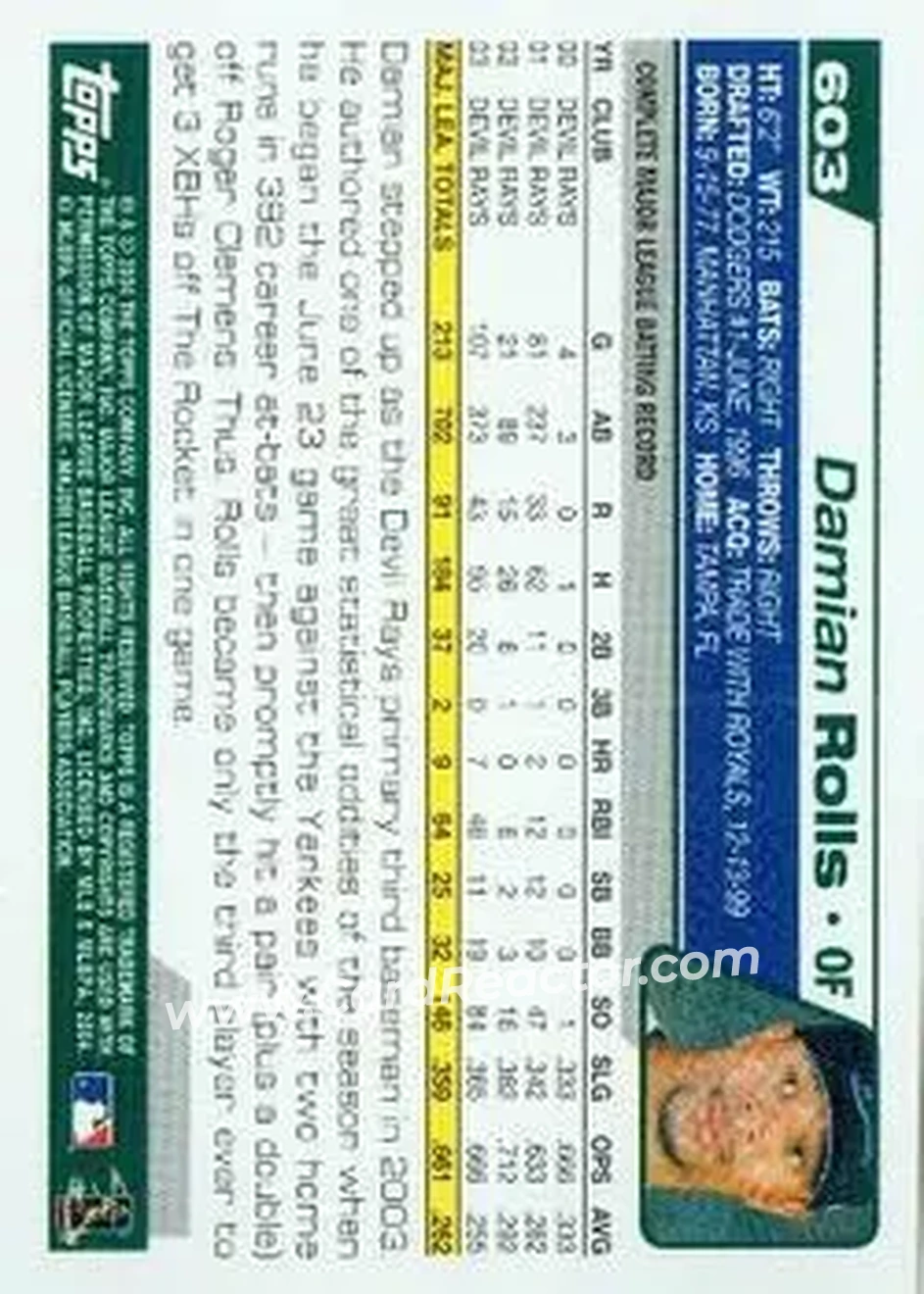 2004 Topps #603 - Damian Rolls - Tampa Bay Devil Rays - Back