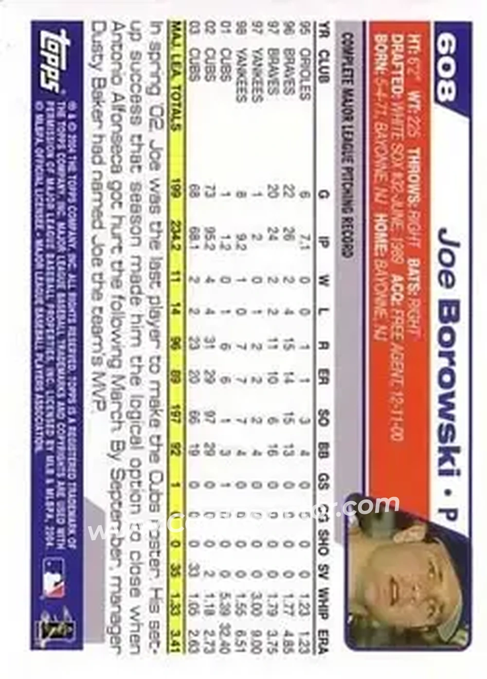 2004 Topps #608 - Joe Borowski - Chicago Cubs - Back 2004 Topps #608 - Joe Borowski - Chicago Cubs - Back