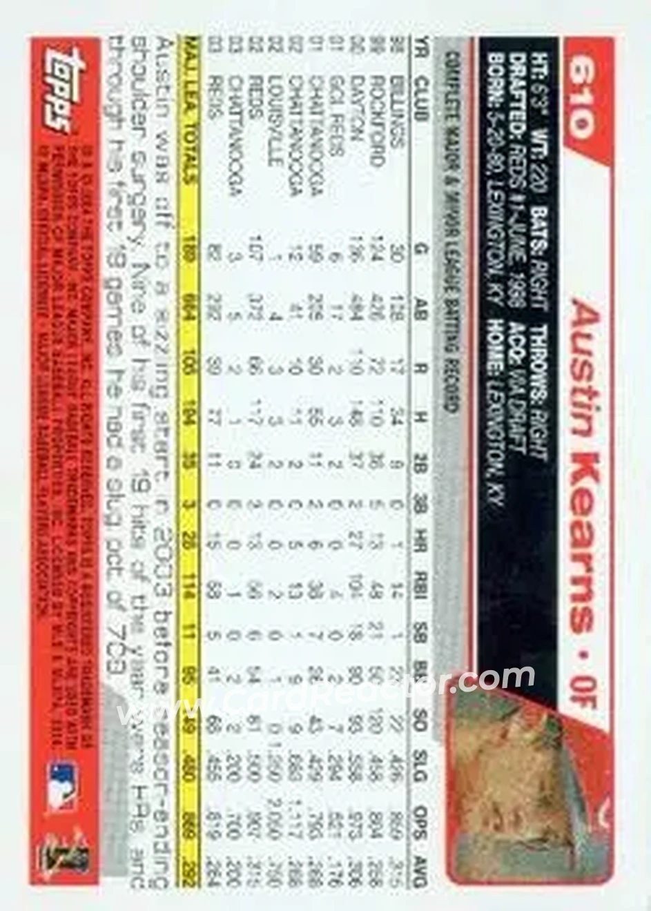 2004 Topps #610 - Austin Kearns - Cincinnati Reds - Back 2004 Topps #610 - Austin Kearns - Cincinnati Reds - Back