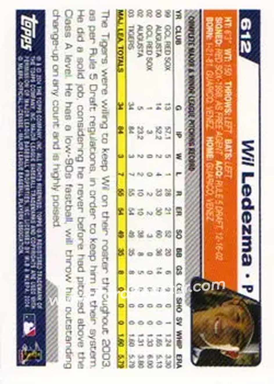 2004 Topps #612 - Wilfredo Ledezma - Detroit Tigers - Back 2004 Topps #612 - Wilfredo Ledezma - Detroit Tigers - Back