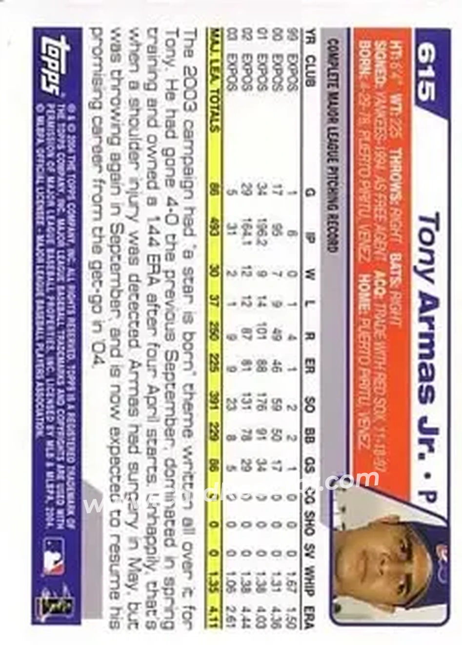 2004 Topps #615 - Tony Armas, Jr. - Montreal Expos - Back 2004 Topps #615 - Tony Armas, Jr. - Montreal Expos - Back