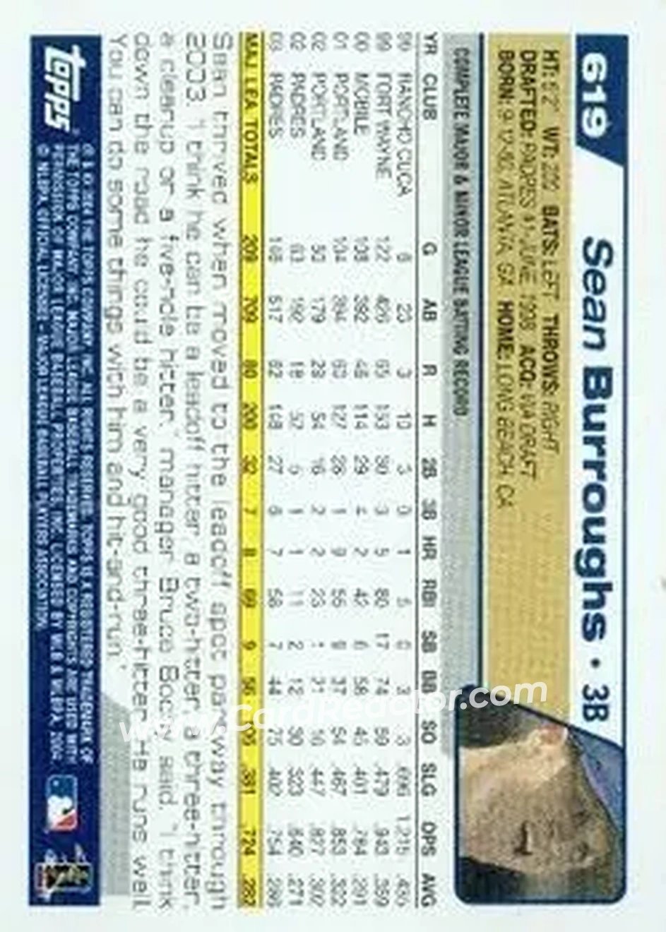 2004 Topps #619 - Sean Burroughs - San Diego Padres - Back 2004 Topps #619 - Sean Burroughs - San Diego Padres - Back
