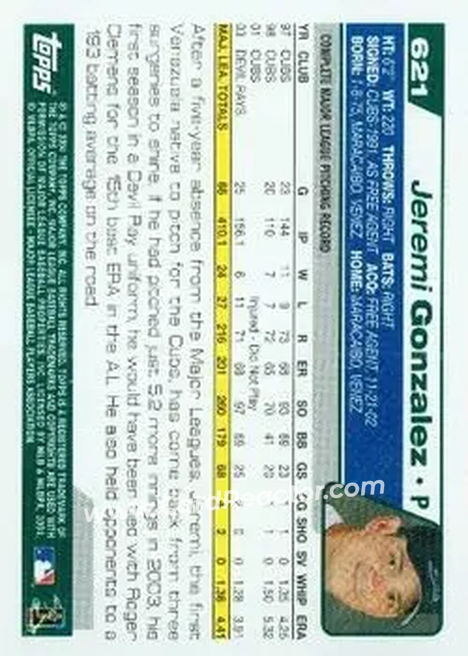 2004 Topps #621 - Jeremi Gonzalez - Tampa Bay Devil Rays - Back