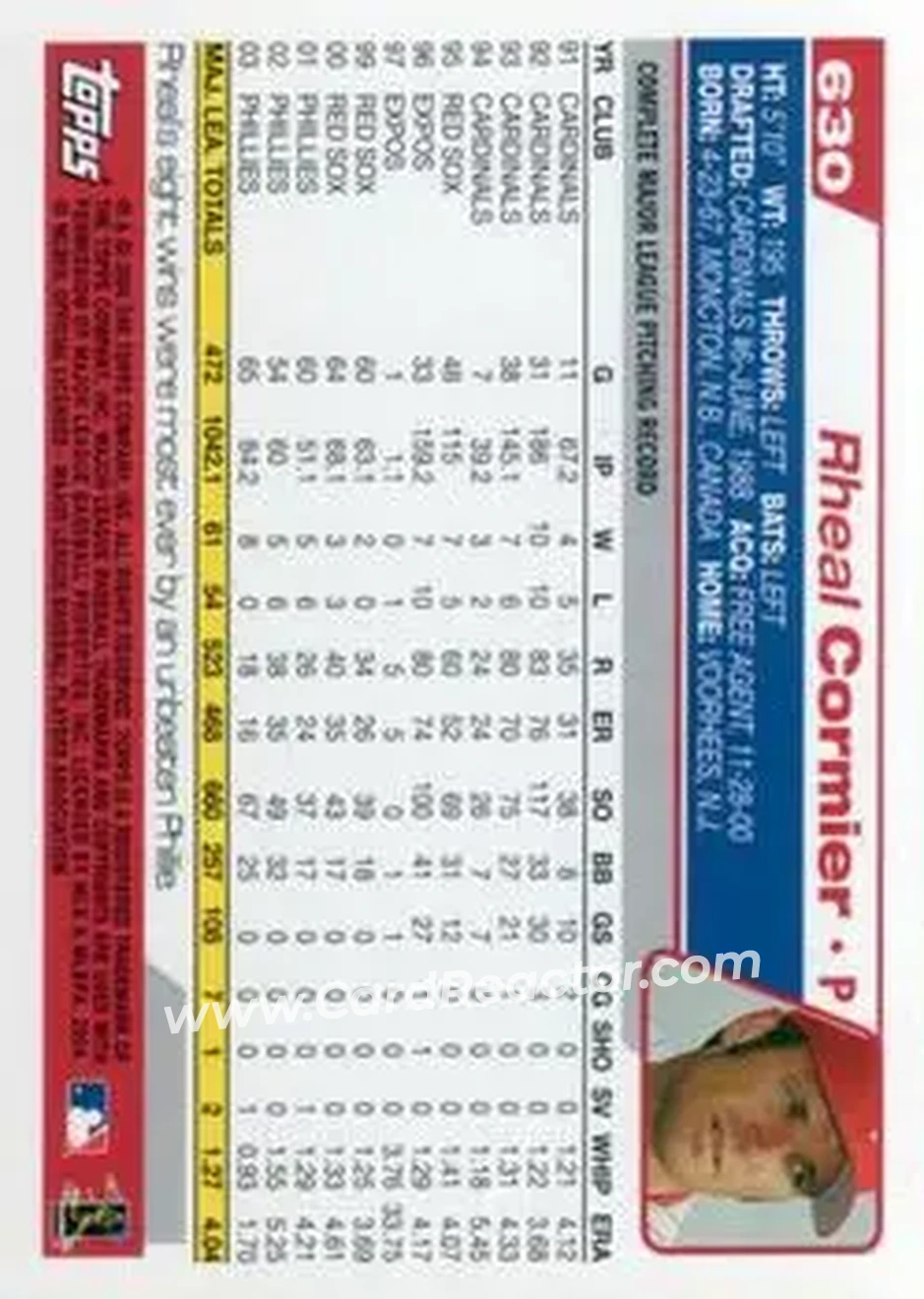 2004 Topps #630 - Rheal Cormier - Philadelphia Phillies - Back