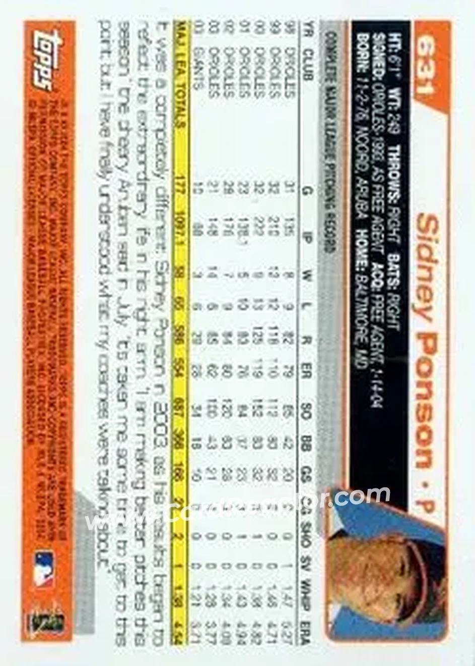 2004 Topps #631 - Sidney Ponson - Baltimore Orioles - Back