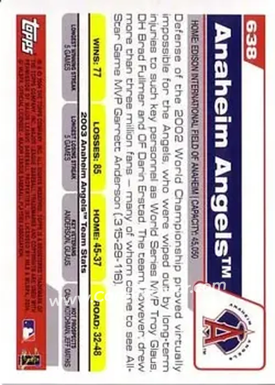 2004 Topps #638 - Anaheim Angels - Anaheim Angels - Back 2004 Topps #638 - Anaheim Angels - Anaheim Angels - Back