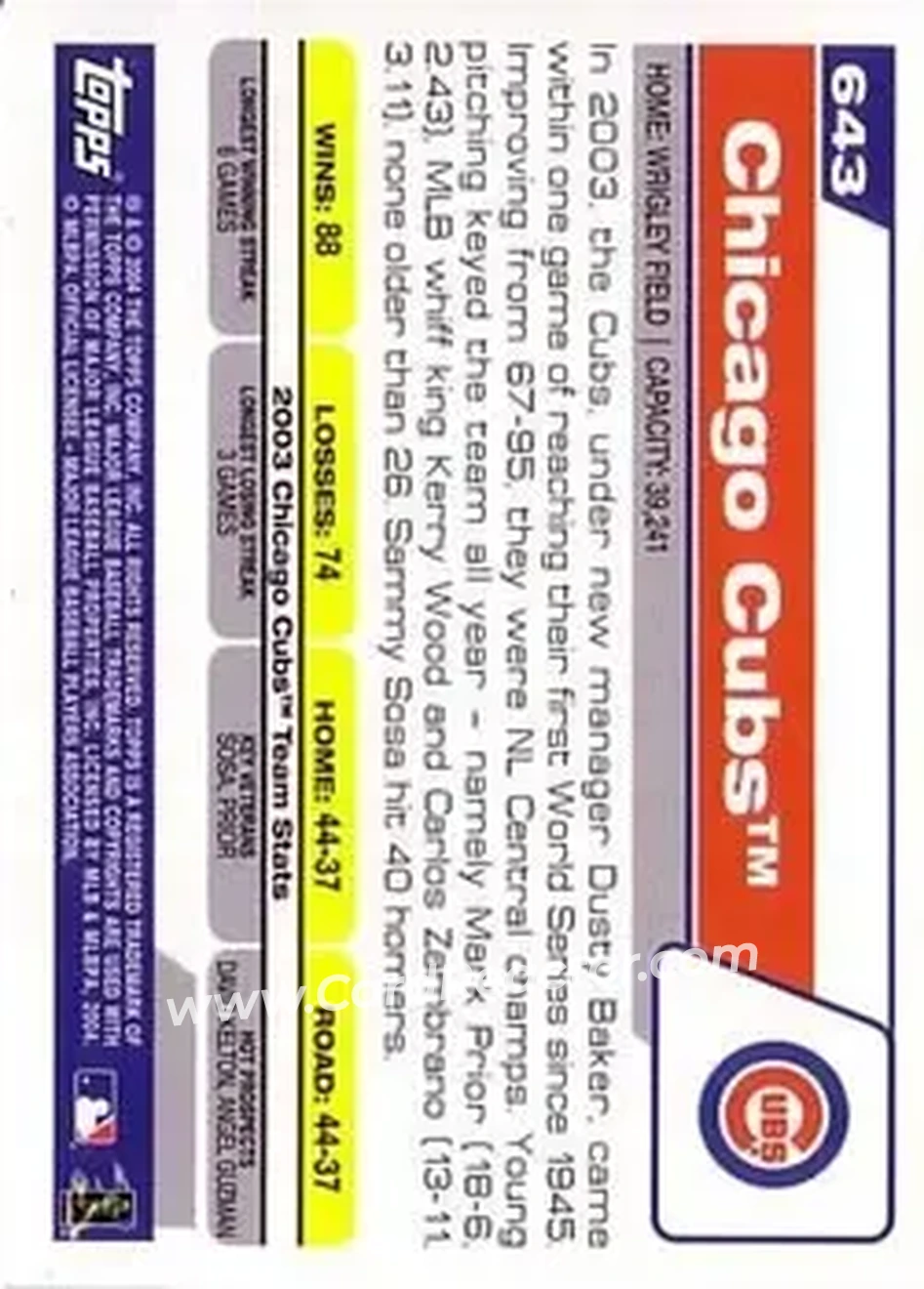 2004 Topps #643 - Chicago Cubs - Chicago Cubs - Back