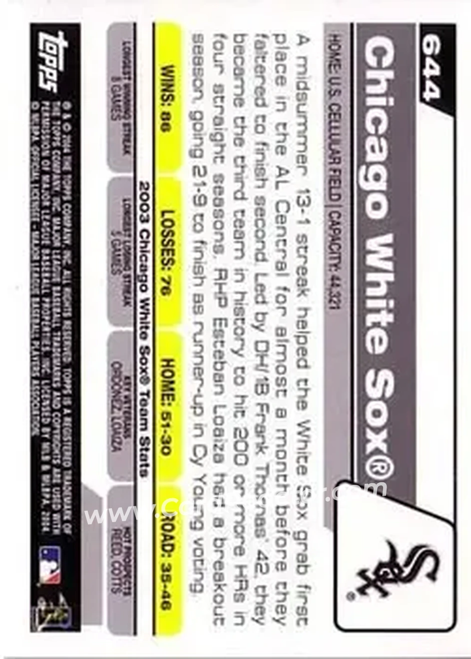 2004 Topps #644 - Chicago White Sox - Chicago White Sox - Back
