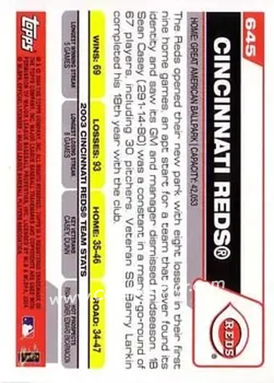 2004 Topps #645 - Cincinnati Reds - Cincinnati Reds - Back