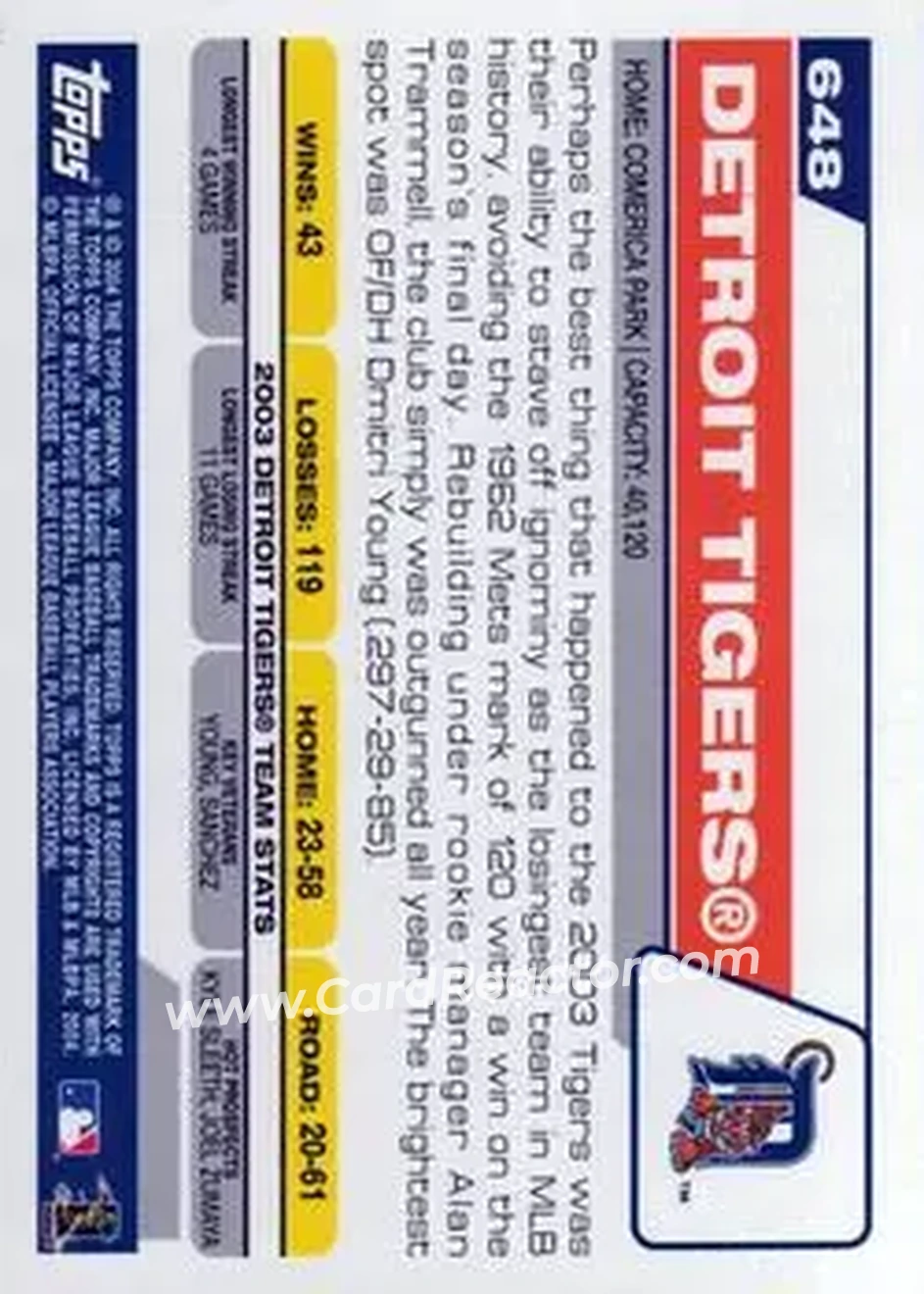 2004 Topps #648 - Detroit Tigers - Detroit Tigers - Back 2004 Topps #648 - Detroit Tigers - Detroit Tigers - Back