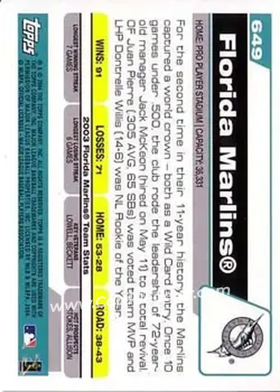 2004 Topps #649 - Florida Marlins - Florida Marlins - Back