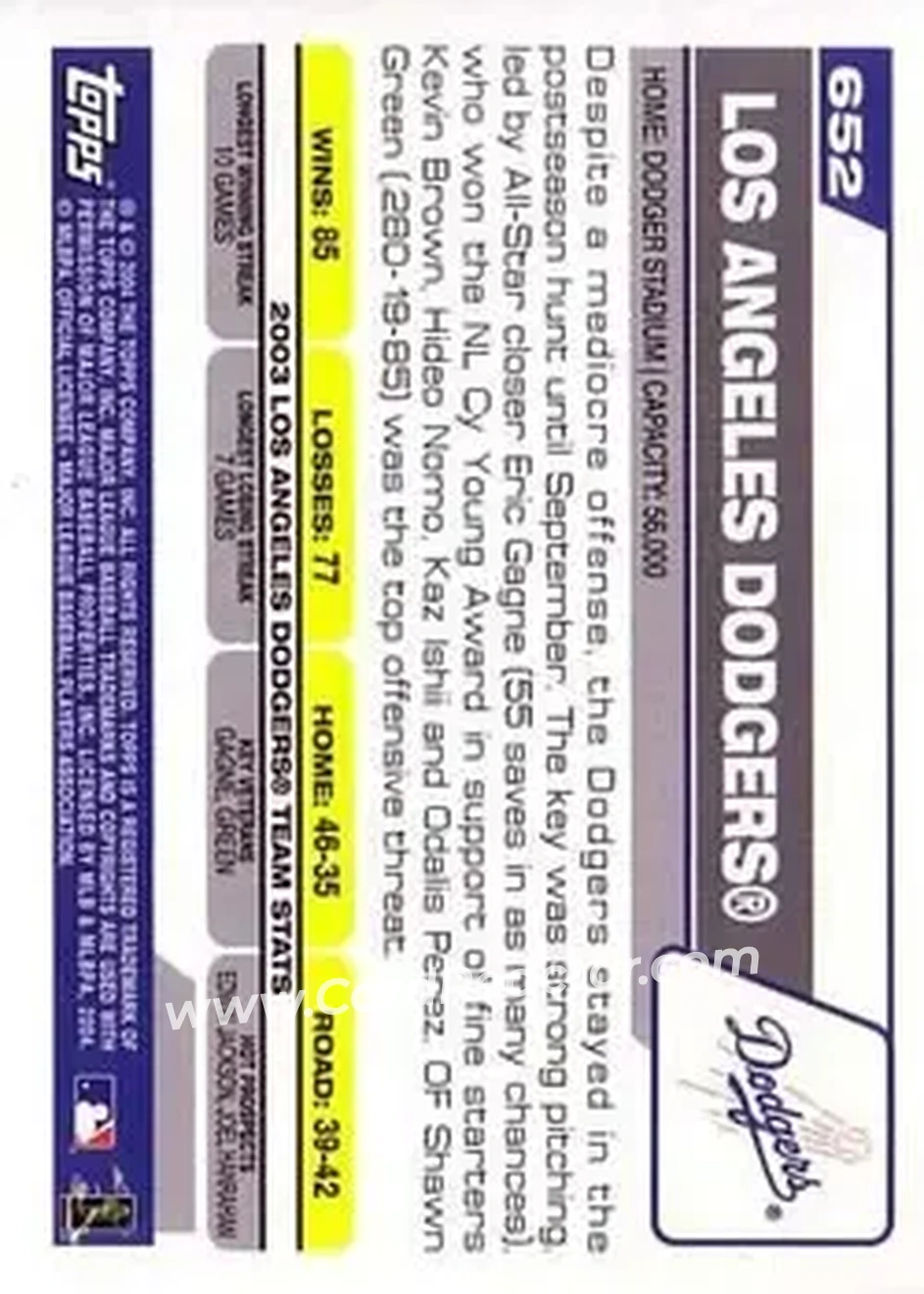 2004 Topps #652 - Los Angeles Dodgers - Los Angeles Dodgers - Back 2004 Topps #652 - Los Angeles Dodgers - Los Angeles Dodgers - Back
