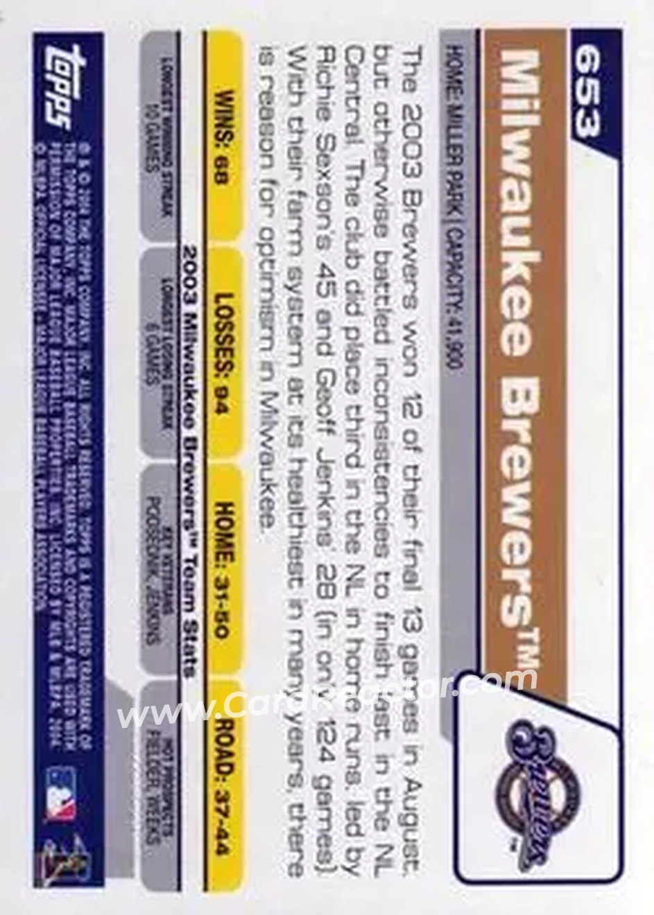 2004 Topps #653 - Milwaukee Brewers - Milwaukee Brewers - Back
