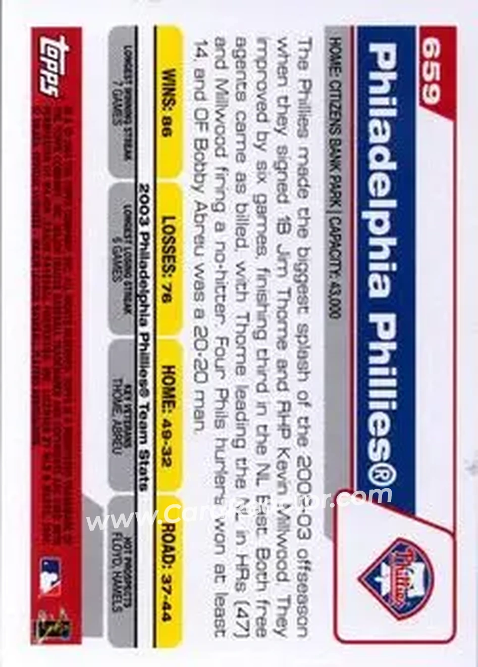 2004 Topps #659 - Philadelphia Phillies - Philadelphia Phillies - Back 2004 Topps #659 - Philadelphia Phillies - Philadelphia Phillies - Back