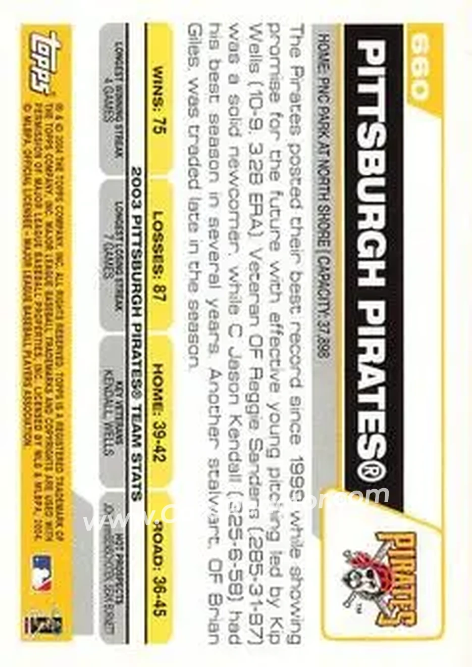 2004 Topps #660 - Pittsburgh Pirates - Pittsburgh Pirates - Back