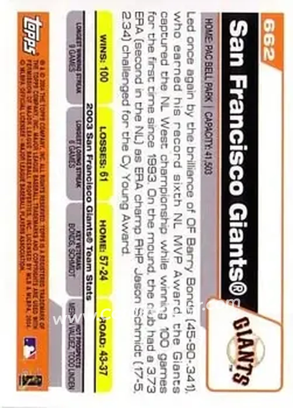 2004 Topps #662 - San Francisco Giants - San Francisco Giants - Back