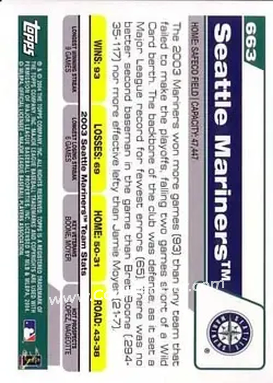2004 Topps #663 - Seattle Mariners - Seattle Mariners - Back
