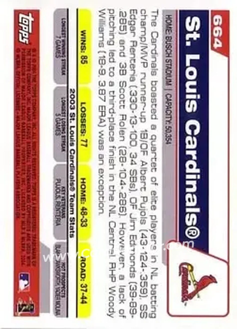 2004 Topps #664 - St. Louis Cardinals - St. Louis Cardinals - Back 2004 Topps #664 - St. Louis Cardinals - St. Louis Cardinals - Back