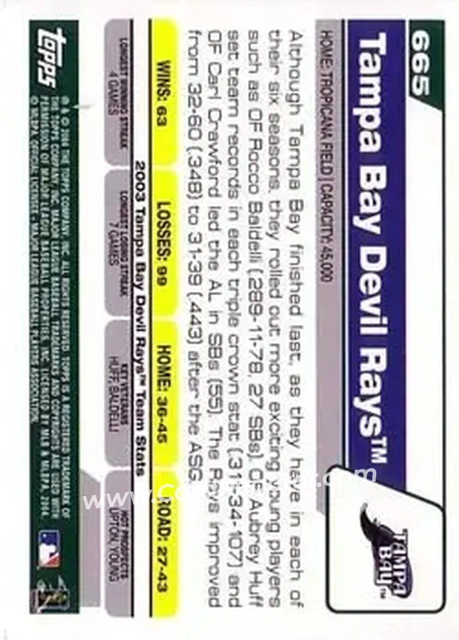 2004 Topps #665 - Tampa Bay Devil Rays - Tampa Bay Devil Rays - Back