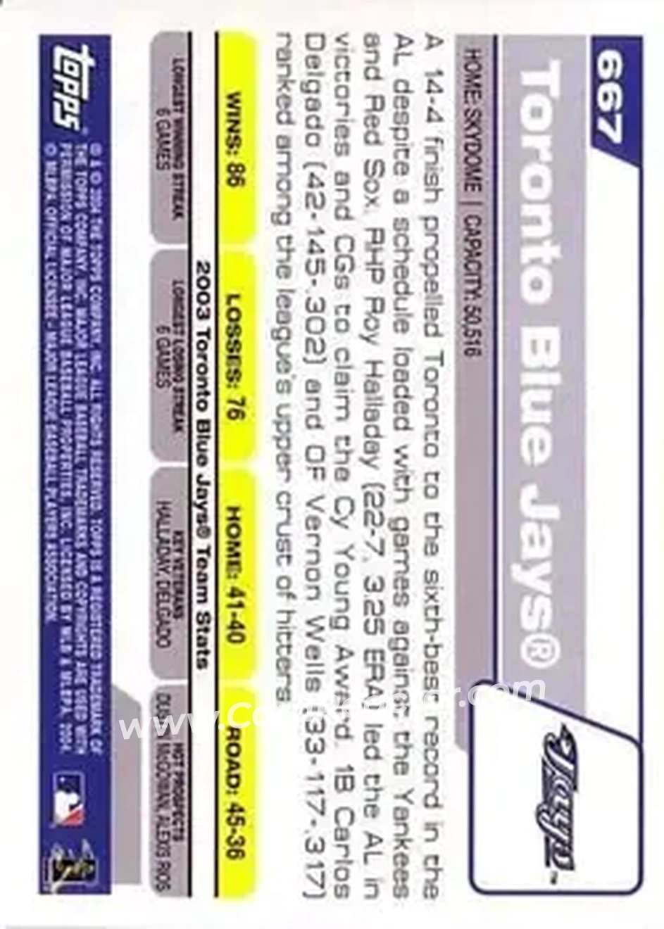 2004 Topps #667 - Toronto Blue Jays - Toronto Blue Jays - Back 2004 Topps #667 - Toronto Blue Jays - Toronto Blue Jays - Back