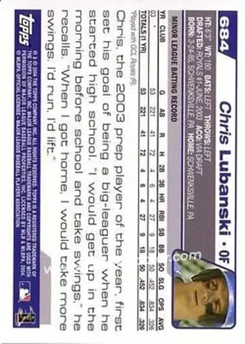 2004 Topps #684 - Chris Lubanski - Kansas City Royals - Back