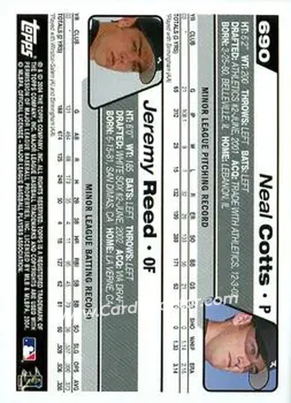 2004 Topps #690 - 2004 Chicago White Sox Prospects (Neal Cotts - Jeremy Reed) - Chicago White Sox - Back