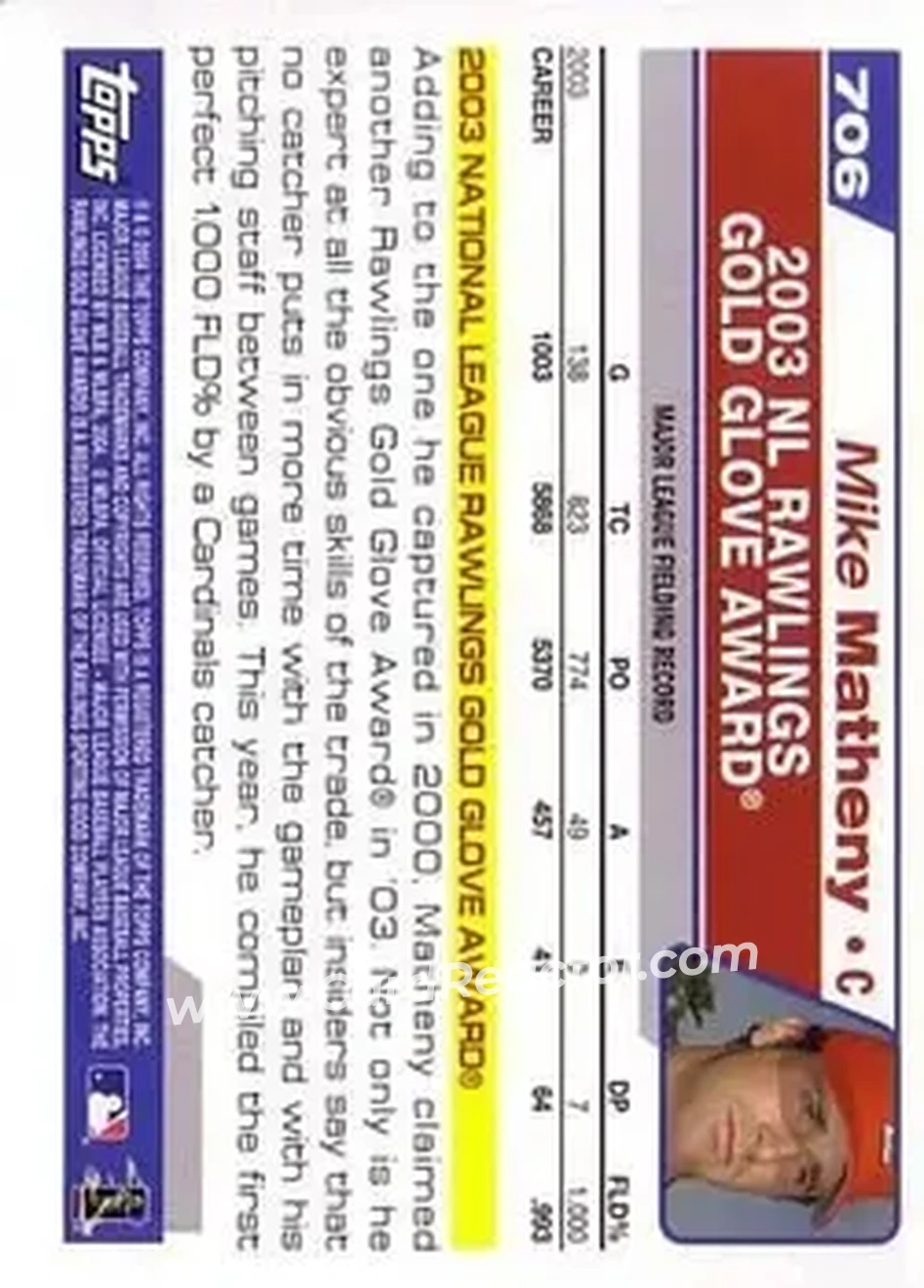 2004 Topps #706 - Mike Matheny - St. Louis Cardinals - Back