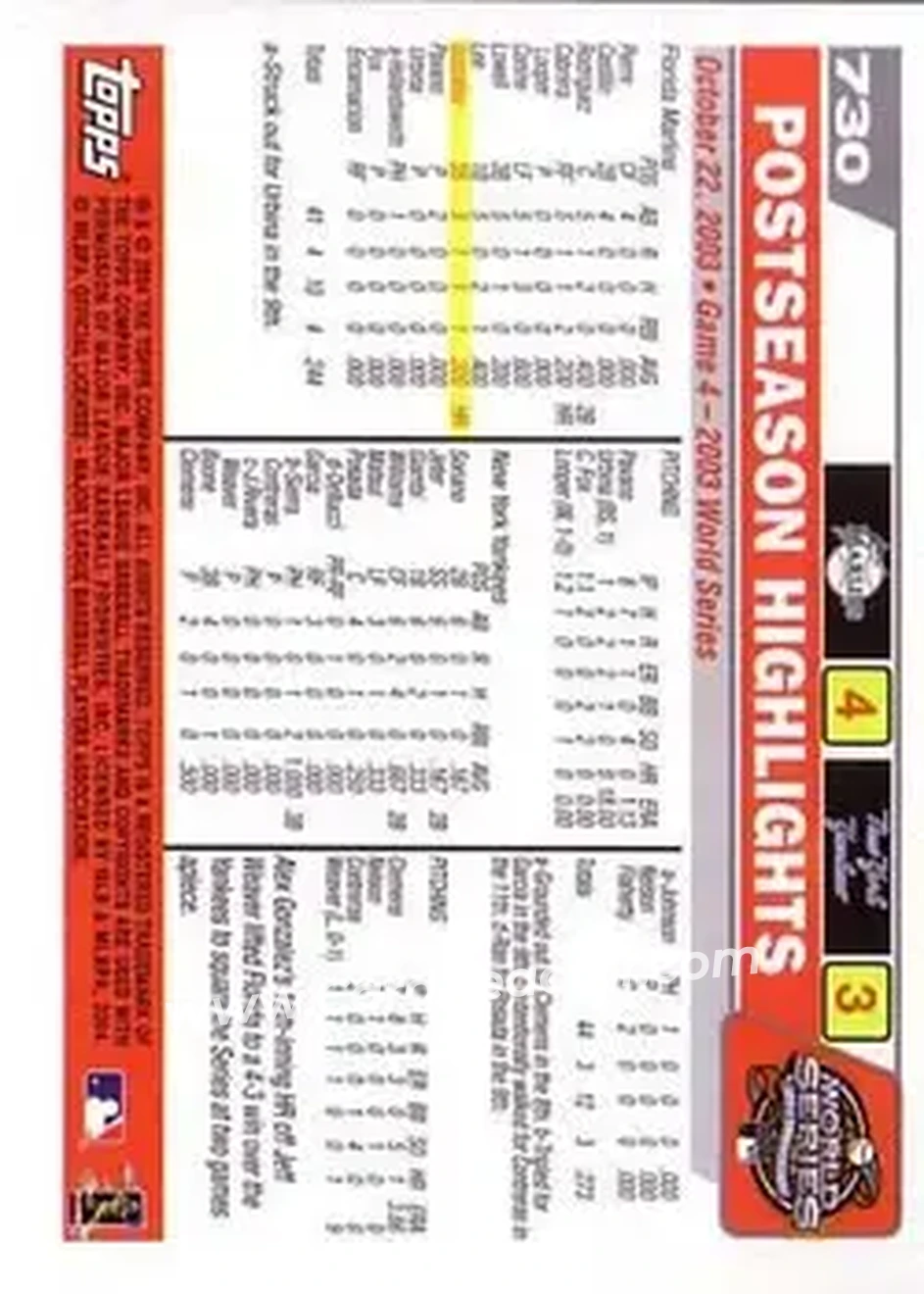 2004 Topps #730 - Gone zalez Ties It! - Florida Marlins - Back