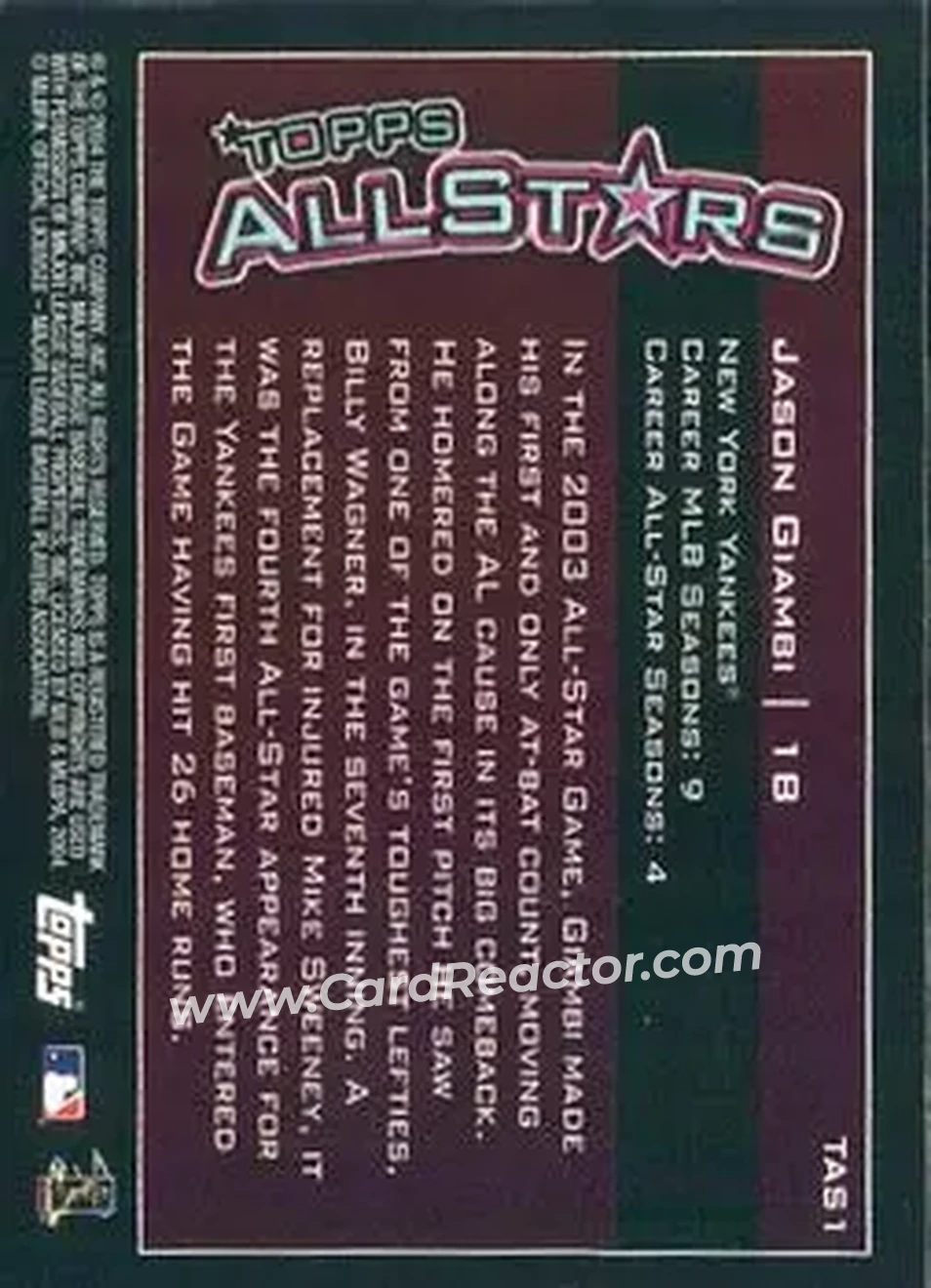 2004 Topps - Topps All-Stars #TAS1 - Jason Giambi - New York Yankees - Back