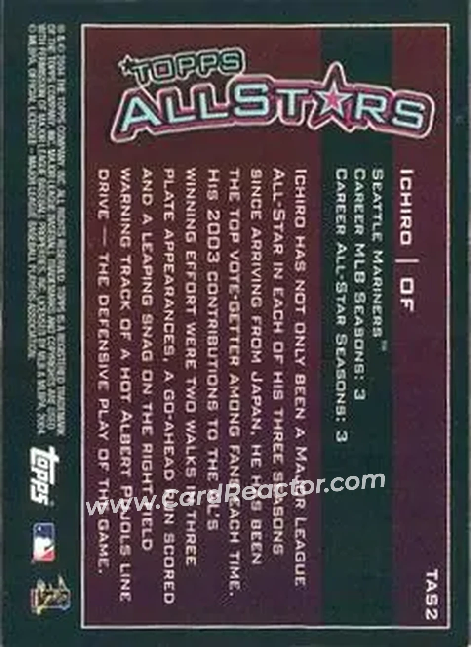 2004 Topps - Topps All-Stars #TAS2 - Ichiro - Seattle Mariners - Back 2004 Topps - Topps All-Stars #TAS2 - Ichiro - Seattle Mariners - Back