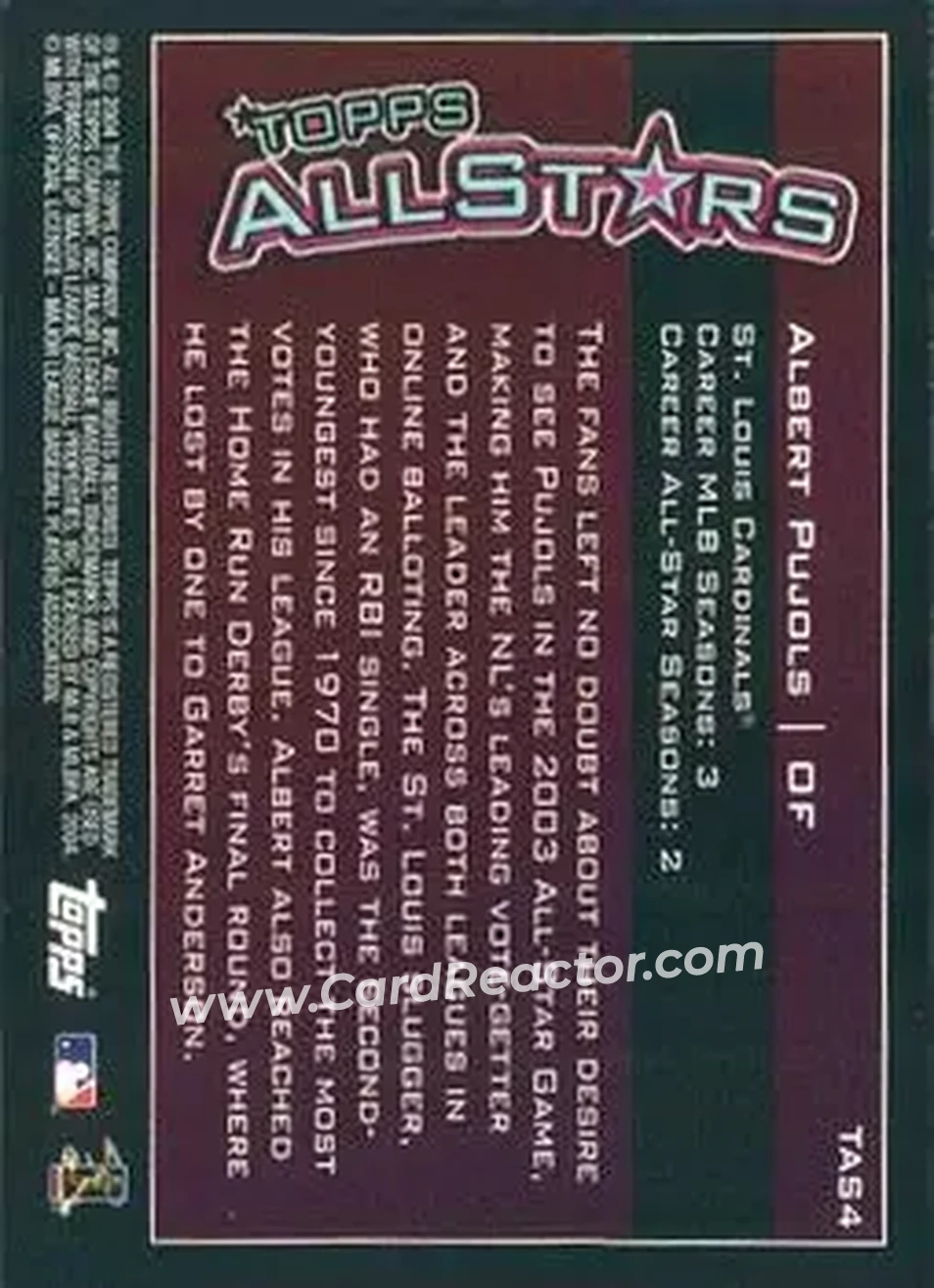 2004 Topps - Topps All-Stars #TAS4 - Albert Pujols - St. Louis Cardinals - Back