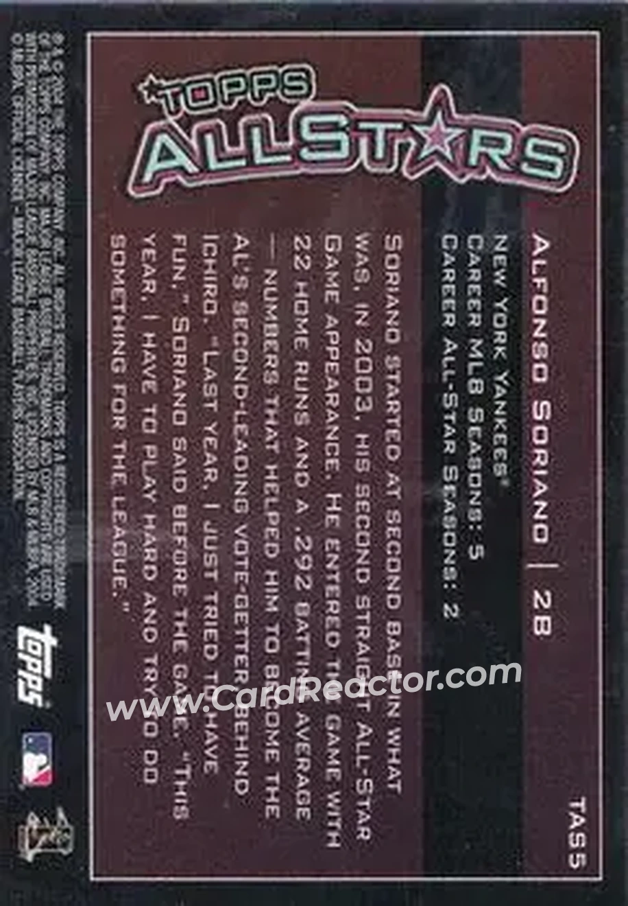 2004 Topps - Topps All-Stars #TAS5 - Alfonso Soriano - New York Yankees - Back 2004 Topps - Topps All-Stars #TAS5 - Alfonso Soriano - New York Yankees - Back