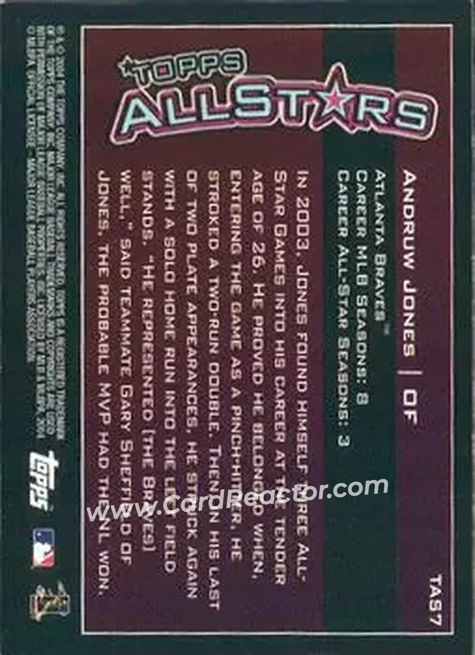 2004 Topps - Topps All-Stars #TAS7 - Andruw Jones - Atlanta Braves - Back 2004 Topps - Topps All-Stars #TAS7 - Andruw Jones - Atlanta Braves - Back