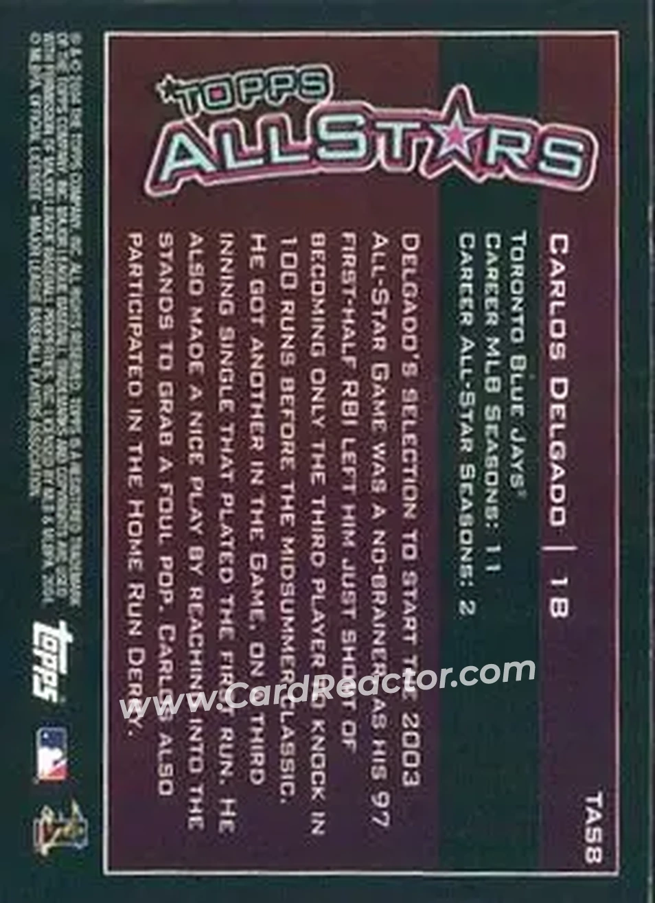 2004 Topps - Topps All-Stars #TAS8 - Carlos Delgado - Toronto Blue Jays - Back