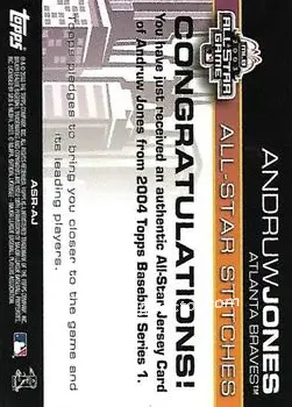 2004 Topps - All-Star Stitches #ASR-AJ - Andruw Jones - Atlanta Braves - Back 2004 Topps - All-Star Stitches #ASR-AJ - Andruw Jones - Atlanta Braves - Back