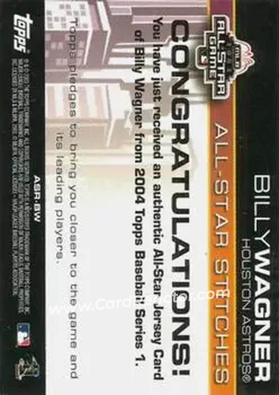2004 Topps - All-Star Stitches #ASR-BW - Billy Wagner - Houston Astros - Back