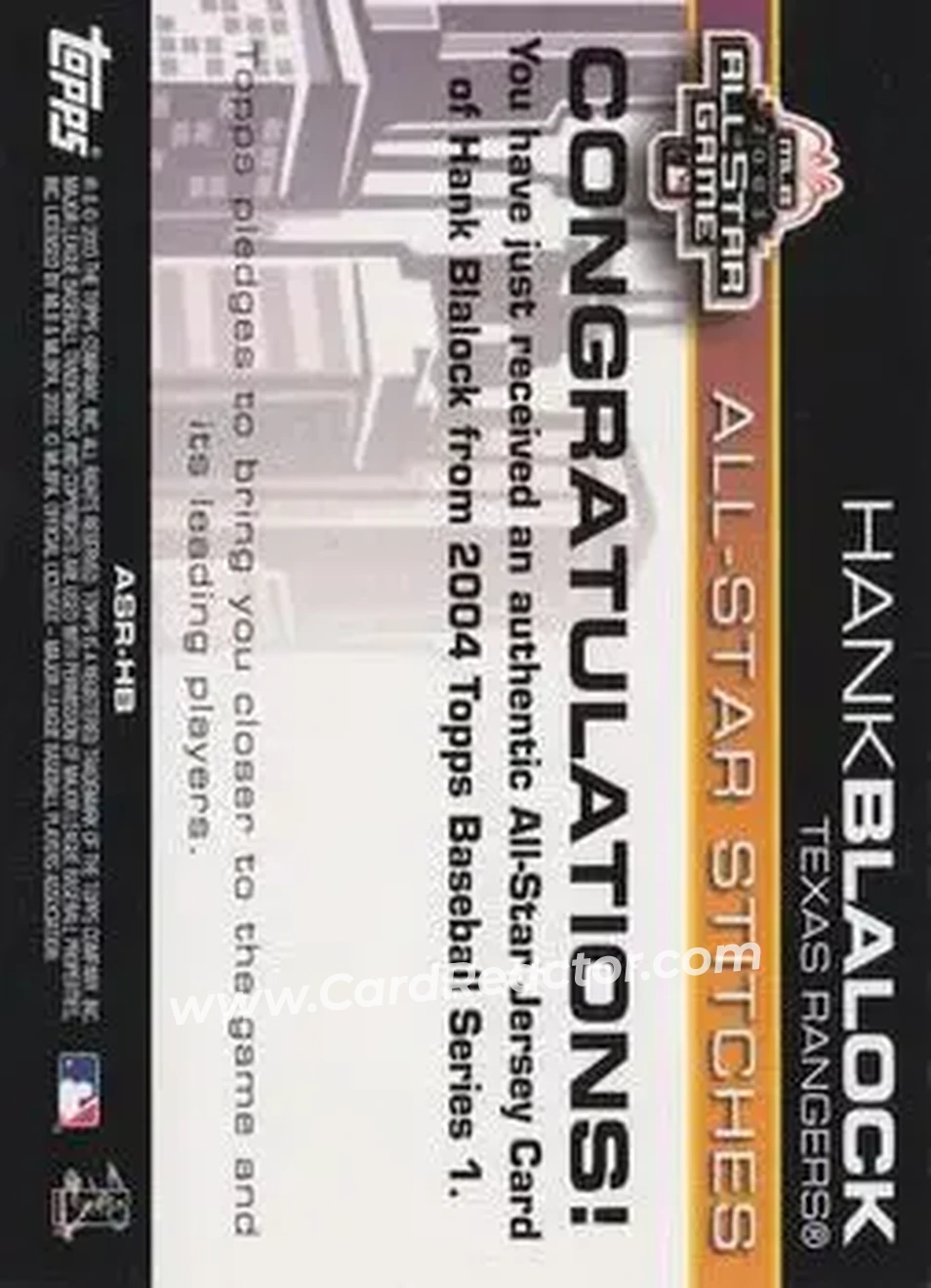 2004 Topps - All-Star Stitches #ASR-HB - Hank Blalock - Texas Rangers - Back 2004 Topps - All-Star Stitches #ASR-HB - Hank Blalock - Texas Rangers - Back