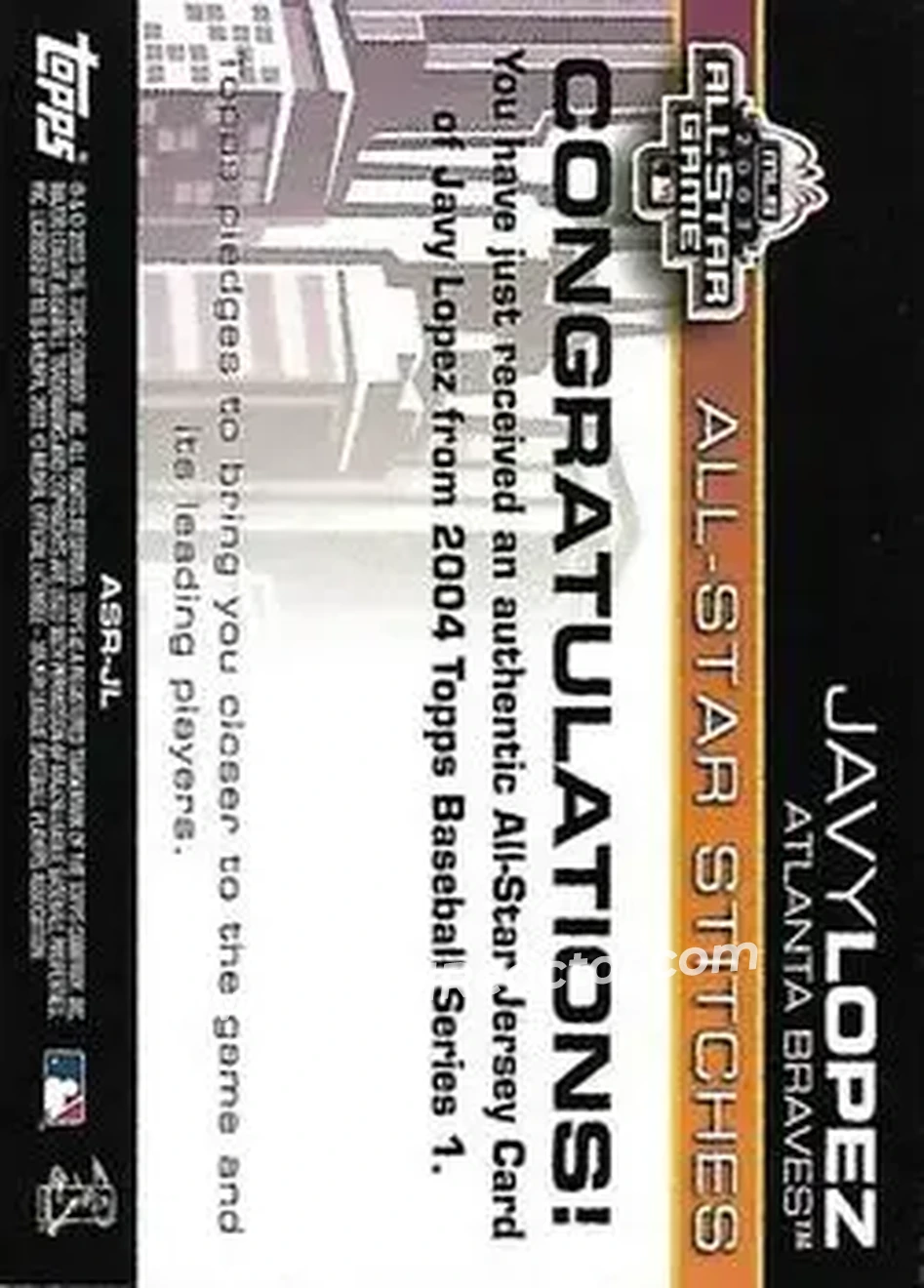 2004 Topps - All-Star Stitches #ASR-JL - Javier Lopez - Atlanta Braves - Back