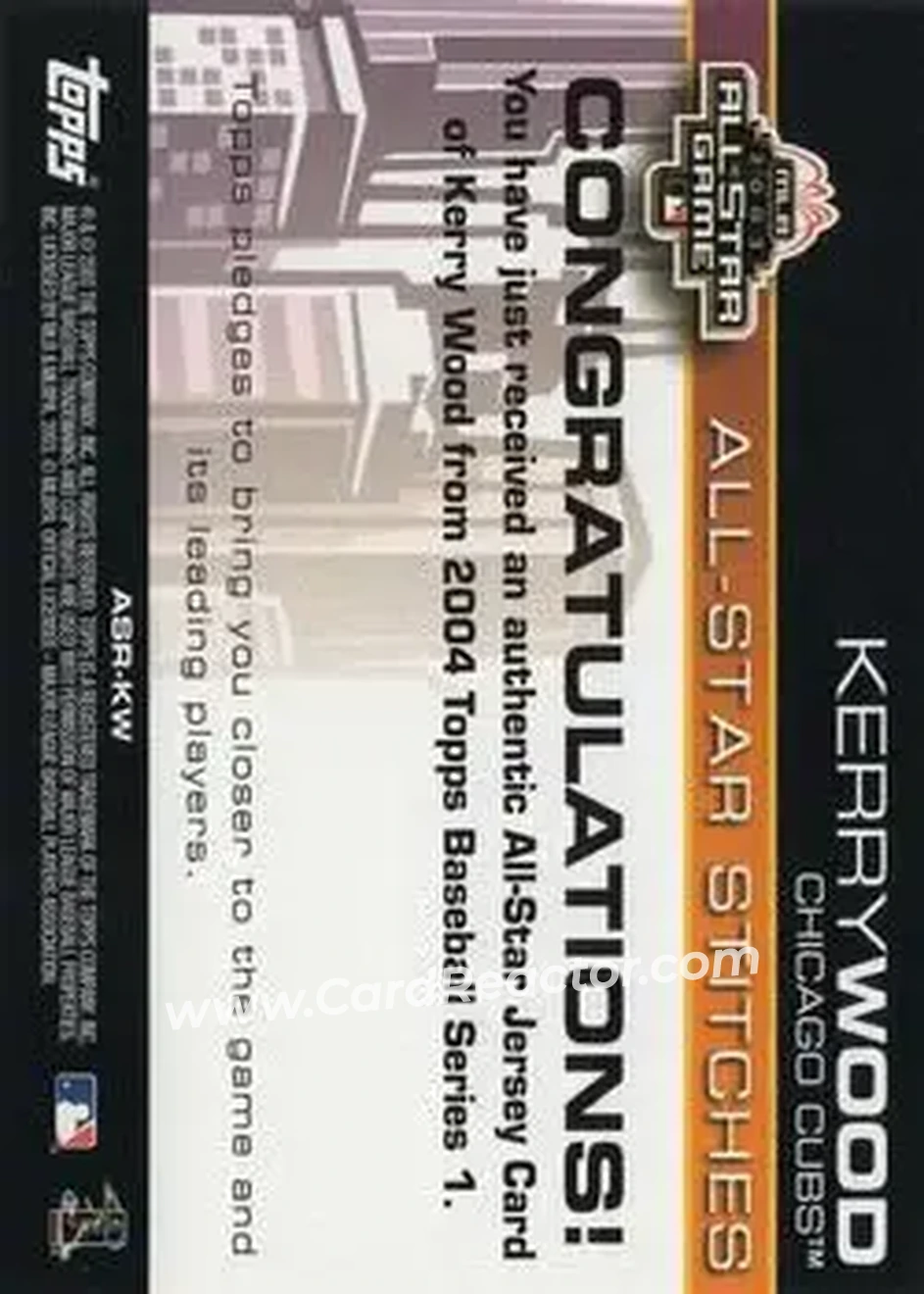 2004 Topps - All-Star Stitches #ASR-KW - Kerry Wood - Chicago Cubs - Back