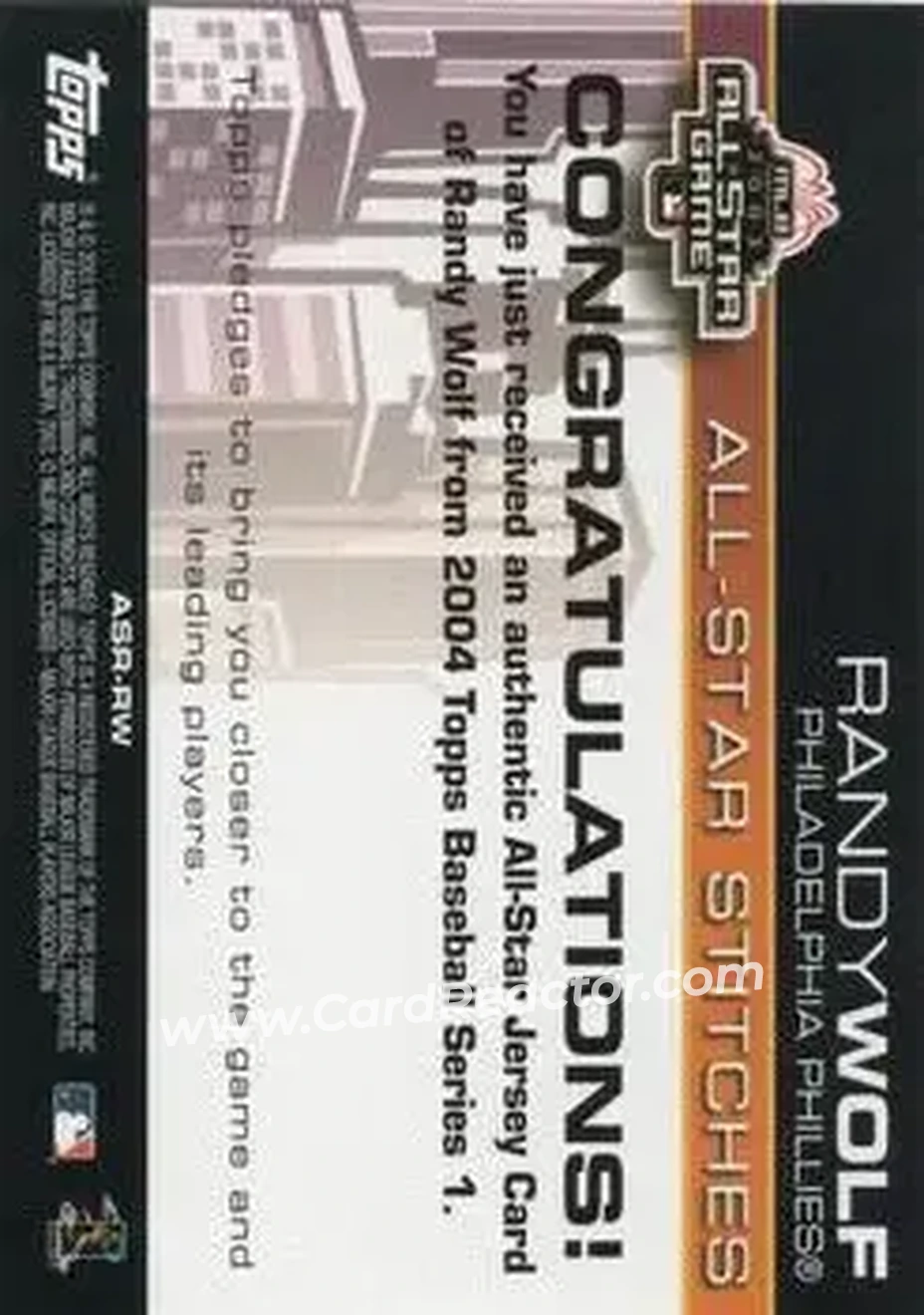 2004 Topps - All-Star Stitches #ASR-RW - Randy Wolf - Philadelphia Phillies - Back