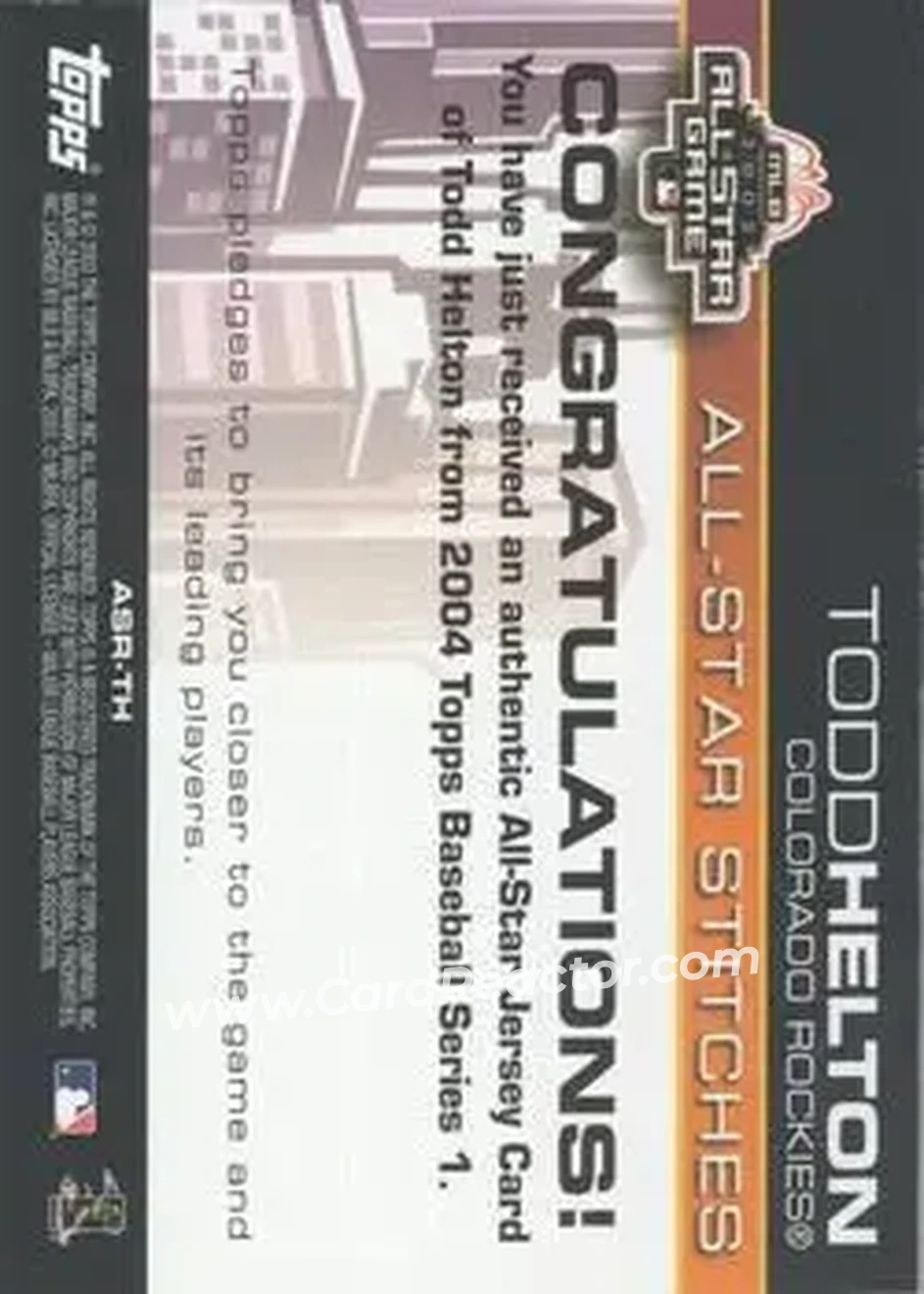 2004 Topps - All-Star Stitches #ASR-TH - Todd Helton - Colorado Rockies - Back