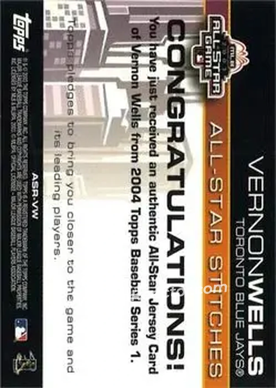 2004 Topps - All-Star Stitches #ASR-VW - Vernon Wells - Toronto Blue Jays - Back 2004 Topps - All-Star Stitches #ASR-VW - Vernon Wells - Toronto Blue Jays - Back