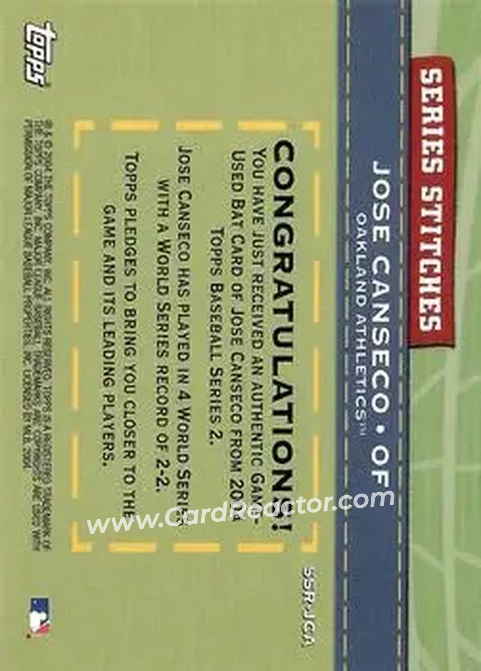 2004 Topps - Series Stitches Relics #SSR-JCA - Jose Canseco - Oakland Athletics - Back 2004 Topps - Series Stitches Relics #SSR-JCA - Jose Canseco - Oakland Athletics - Back