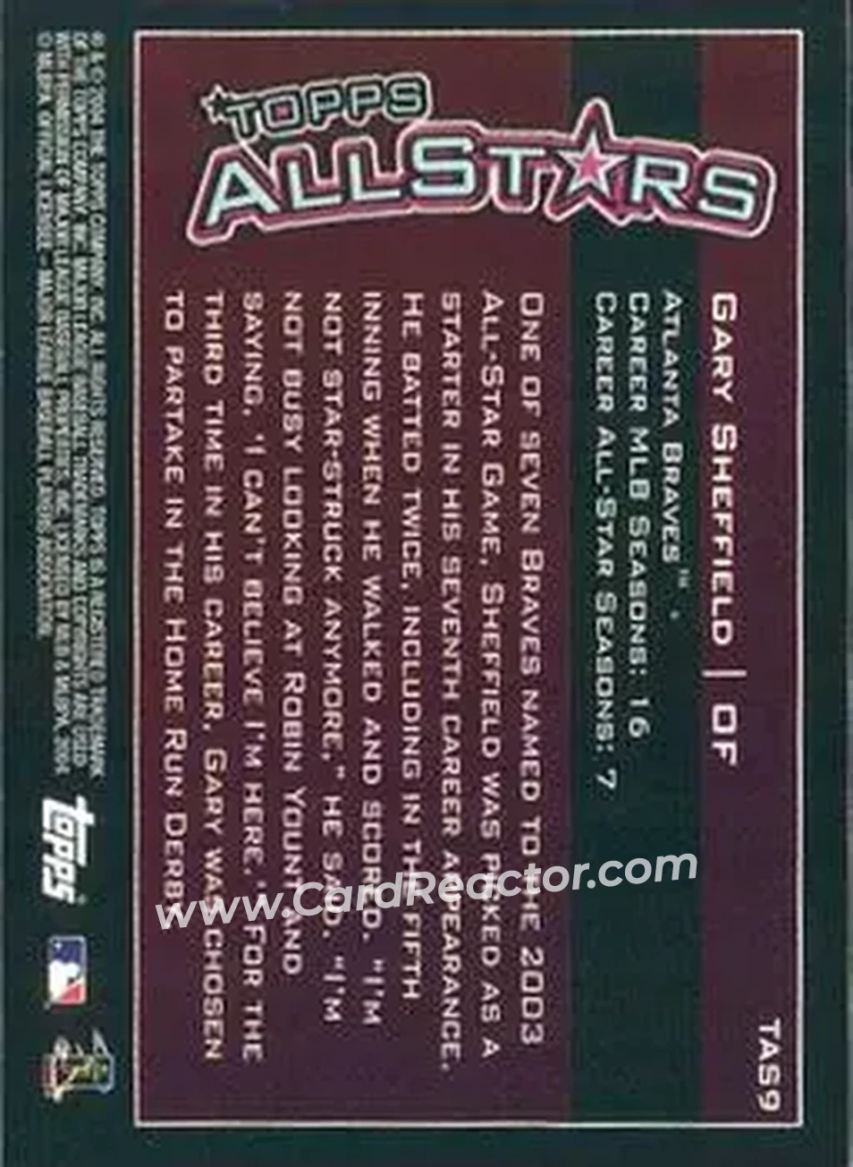 2004 Topps - Topps All-Stars #TAS9 - Gary Sheffield - Atlanta Braves - Back
