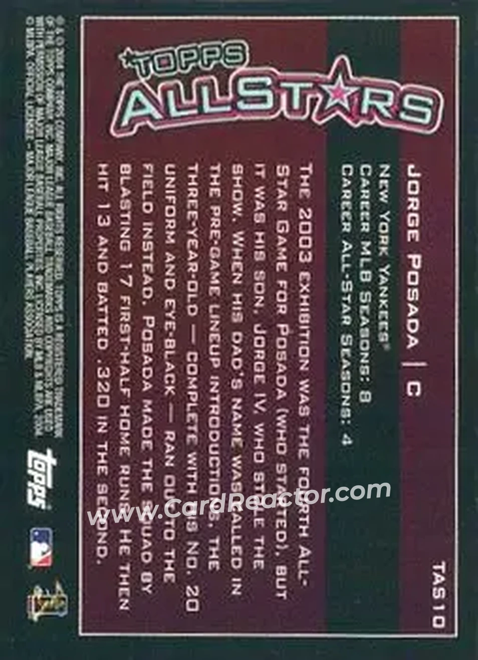 2004 Topps - Topps All-Stars #TAS10 - Jorge Posada - New York Yankees - Back