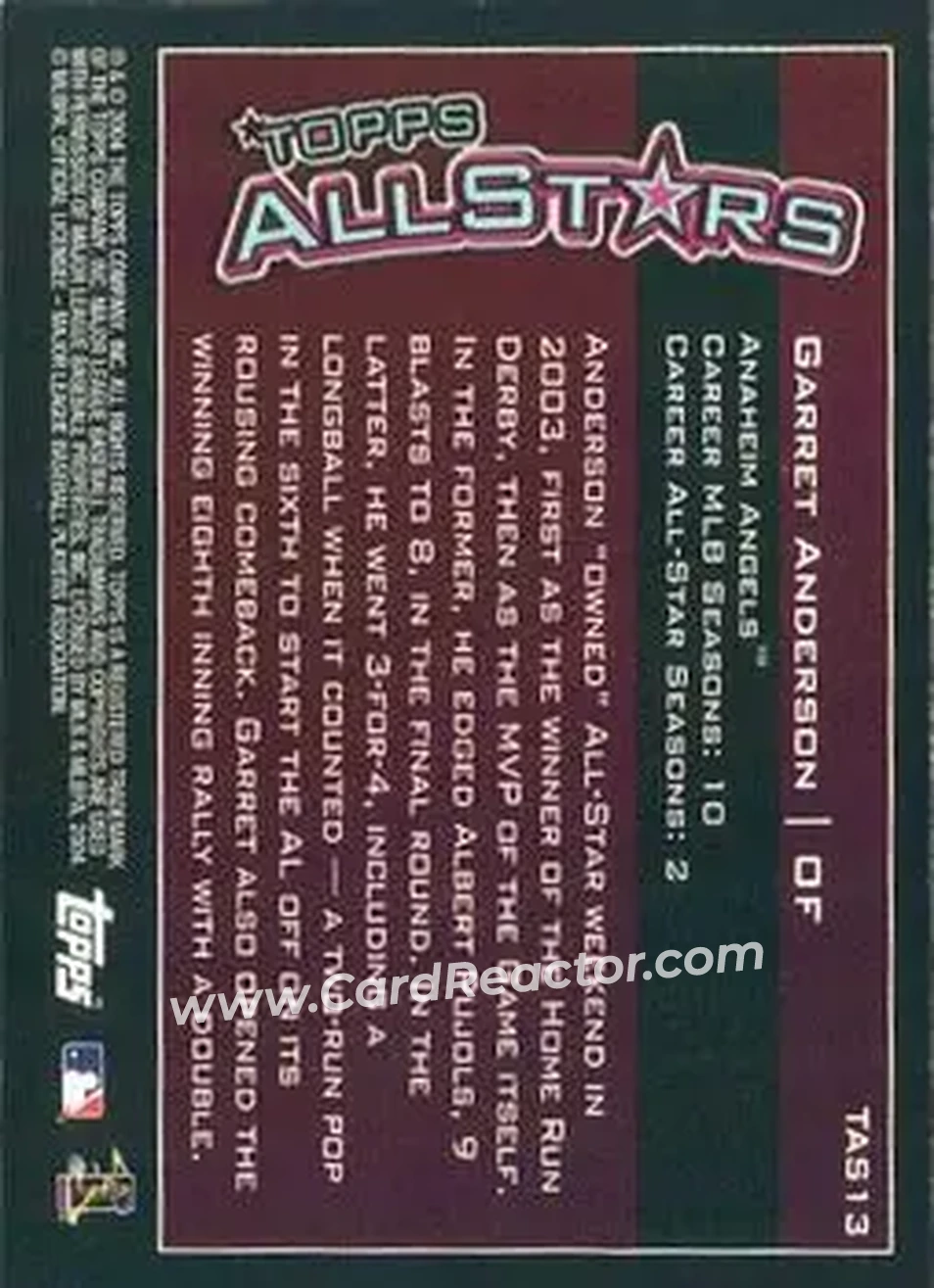 2004 Topps - Topps All-Stars #TAS13 - Garret Anderson - Anaheim Angels - Back